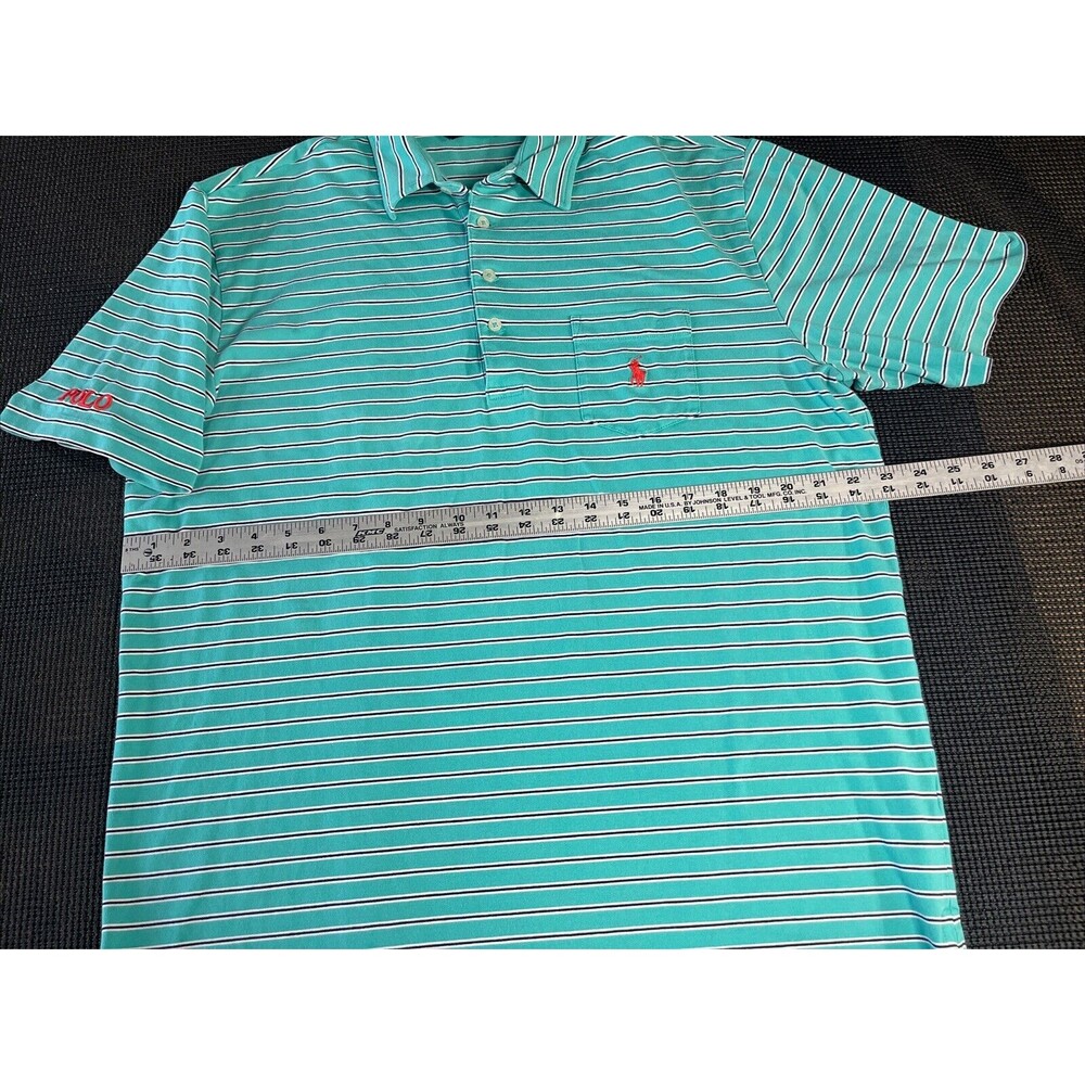 Polo Golf Ralph Lauren Shirt Mens Large Teal Striped Stretch Lisle Pocket Polo - Picture 7 of 8